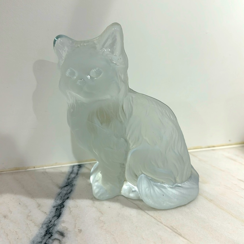 Viking Glass Cat Paperweight Kitty Vintage Satin Frosted Glass Doorstop Bookend